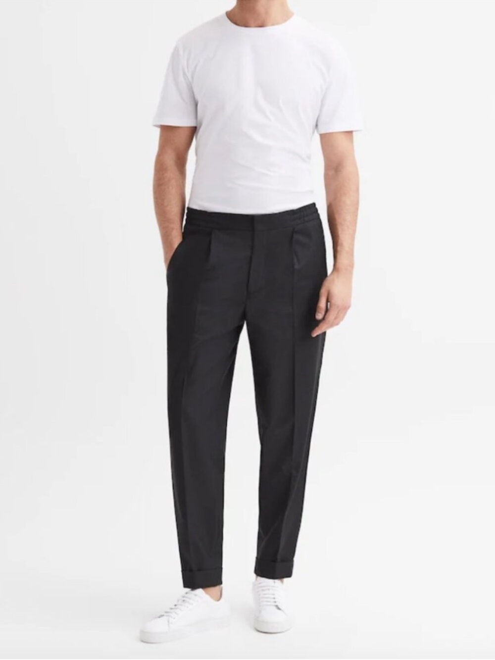 REISS Brighton Pleated Relaxed Taper Pant Waist Size 34 Black Drawstring Trouser